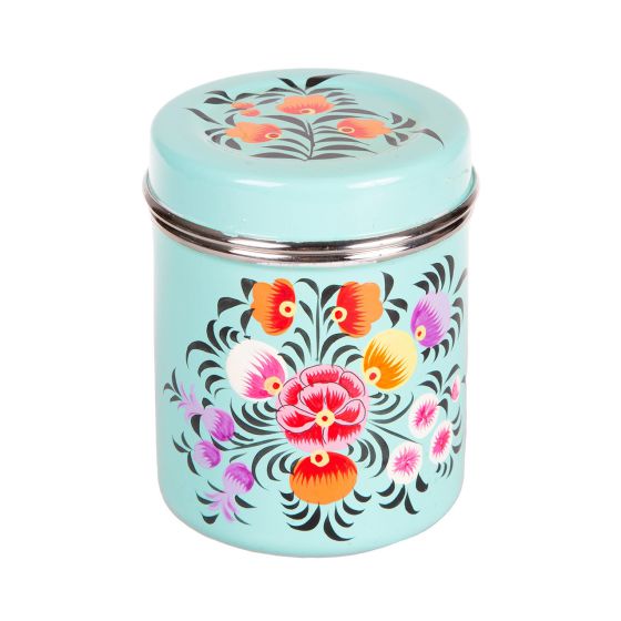 RVS handpainted tin 9CM flowers lightblue